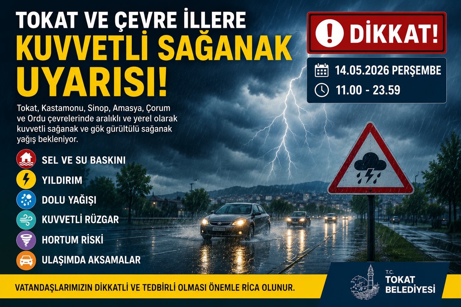 Tokat Belediyesi tarafından yapılan meteorolojik uyarıya göre, 14 Mayıs 2026